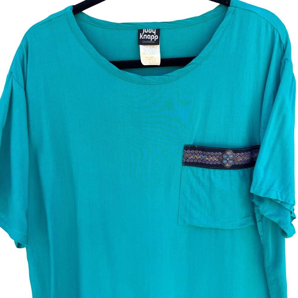 Judy Knapp Vintage 90s Minimalist‎ Boho Artsy Embroidered Boxy Blouse Teal M